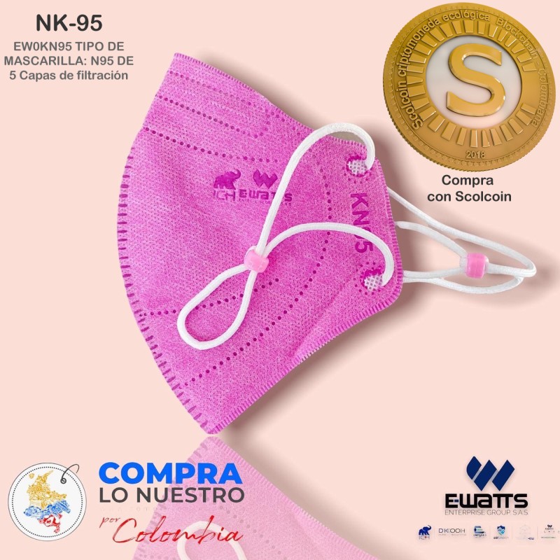 Tapabocas Mascarilla KN95 Invima 5capas X20u Ewatts Color Palo de Rosa