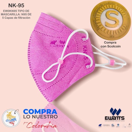 Tapabocas Mascarilla KN95 Invima 5capas X20u Ewatts Color Palo de Rosa